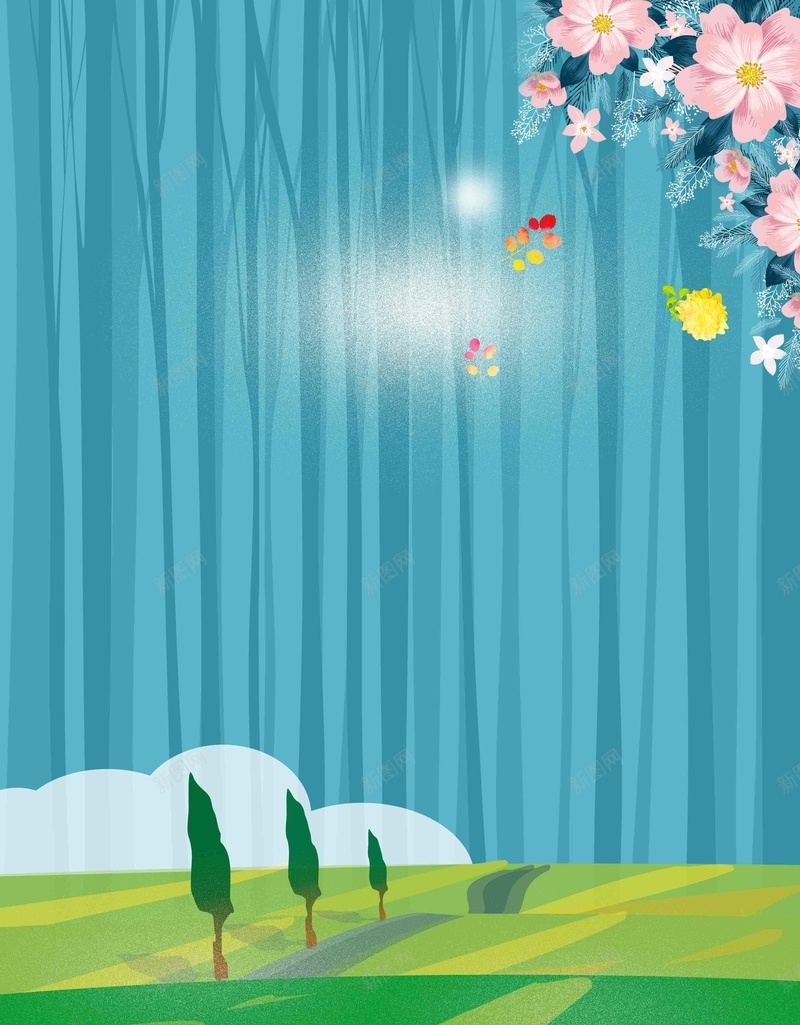 春季促销海报背景模板psd设计背景_新图网 https://ixintu.com 促销 宣传 手绘 换季 插画 春天 春季 树林 活动 海报 背景