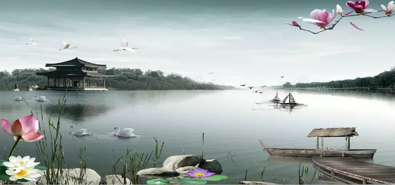 中国风风景画jpg设计背景_新图网 https://ixintu.com 中国风 远处的树木 湖 船 鹅 荷花 荷叶 石头 青草 木桥 木船 海报banner