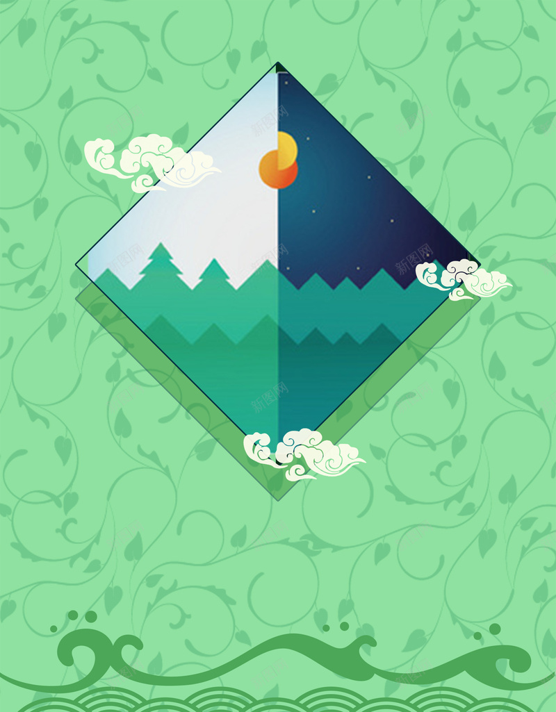 春分海报背景psd设计背景_新图网 https://ixintu.com 云气 印章 太阳 春分 昼夜平分 月亮 波涛 草