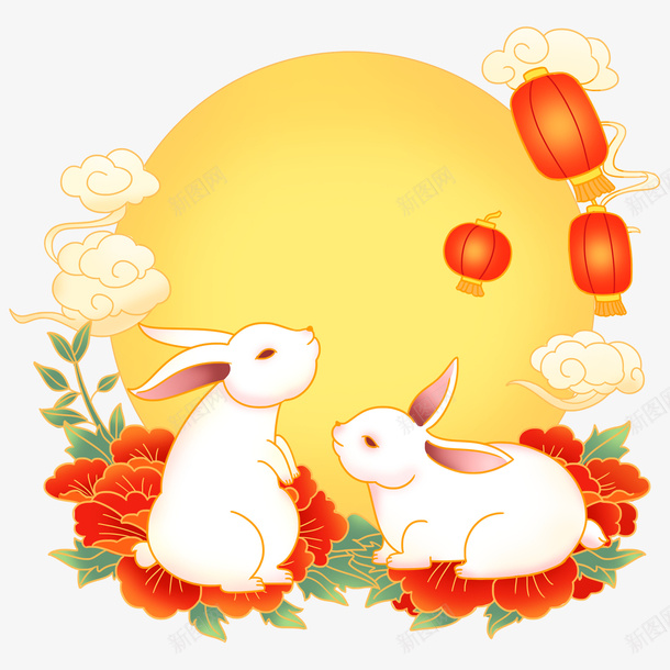手绘中秋元素图psd免抠素材_新图网 https://ixintu.com 云 兔子 月亮 灯笼 牡丹 边框