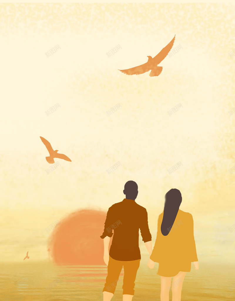情人爱情夕阳卡通手绘插画背景psd设计背景_新图网 https://ixintu.com 卡通 夕阳 情人 手绘 插画背景 日落 海鸥 漫步 爱情 走路