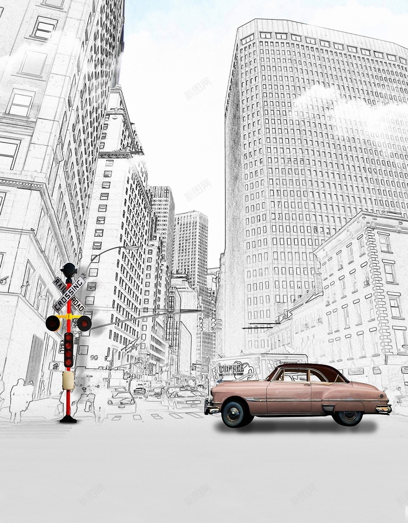 手绘素描城市背景jpg设计背景_新图网 https://ixintu.com 卡通 城市 手绘 童趣 素描 素描街头