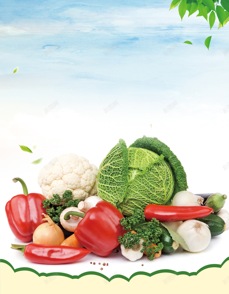 有机农产新鲜蔬菜海报psd设计背景_新图网 https://ixintu.com 新鲜 有机 海报 绿色 蔬菜 农产 健康 蓝天 绿叶 辣椒 背景 素材