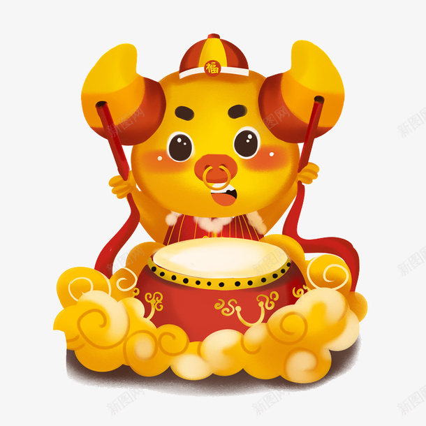 会打鼓的吉祥牛psd免抠素材_新图网 https://ixintu.com 喜庆 手绘 牛年 牛