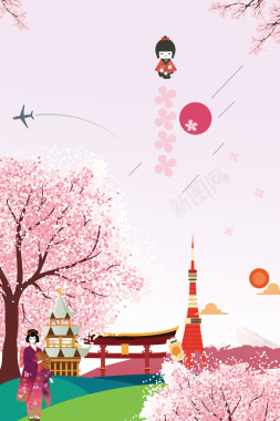 粉色手绘日本旅行樱花背景背景