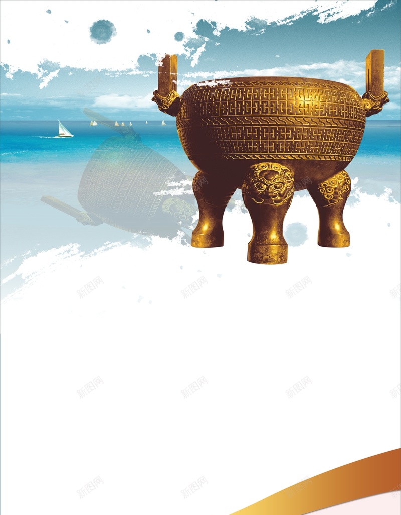 中国风金鼎单页背景jpg设计背景_新图网 https://ixintu.com 中国风 金鼎 立体 笔刷 蓝色 墨迹 白色