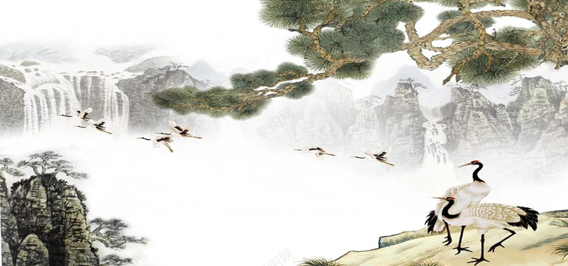 山水风景画jpg设计背景_新图网 https://ixintu.com 中国风 国花 山水画 石头 仙鹤 瀑布 山峰 海报banner