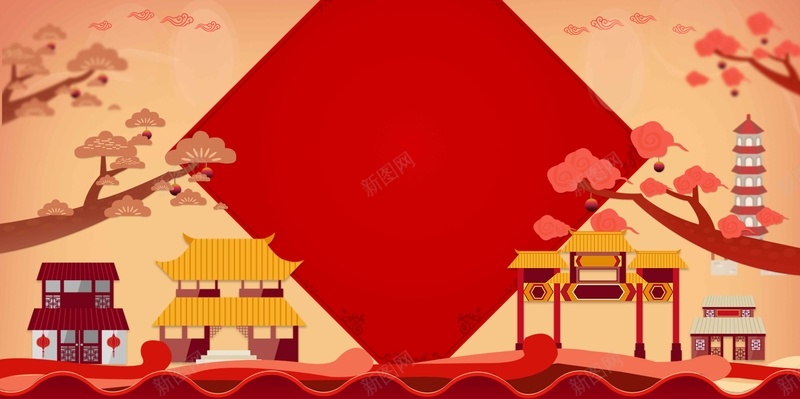 新年春节红色大气简约复古中国风背景bannerjpg设计背景_新图网 https://ixintu.com 2018 banner 中国风 复古 大气 房子 扁平 新年 春节 树 简约 红色背景 背景