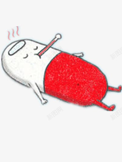 发烧的的小药丸png免抠素材_新图网 https://ixintu.com 卡通 生病 白色 黑色