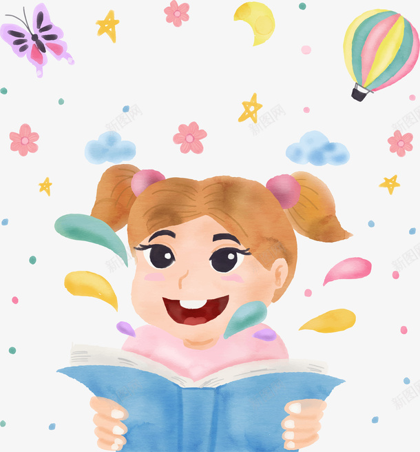 孩子读书png免抠素材_新图网 https://ixintu.com 卡通有趣 可爱孩子 扁平化 晕染 矢量图案 读书日