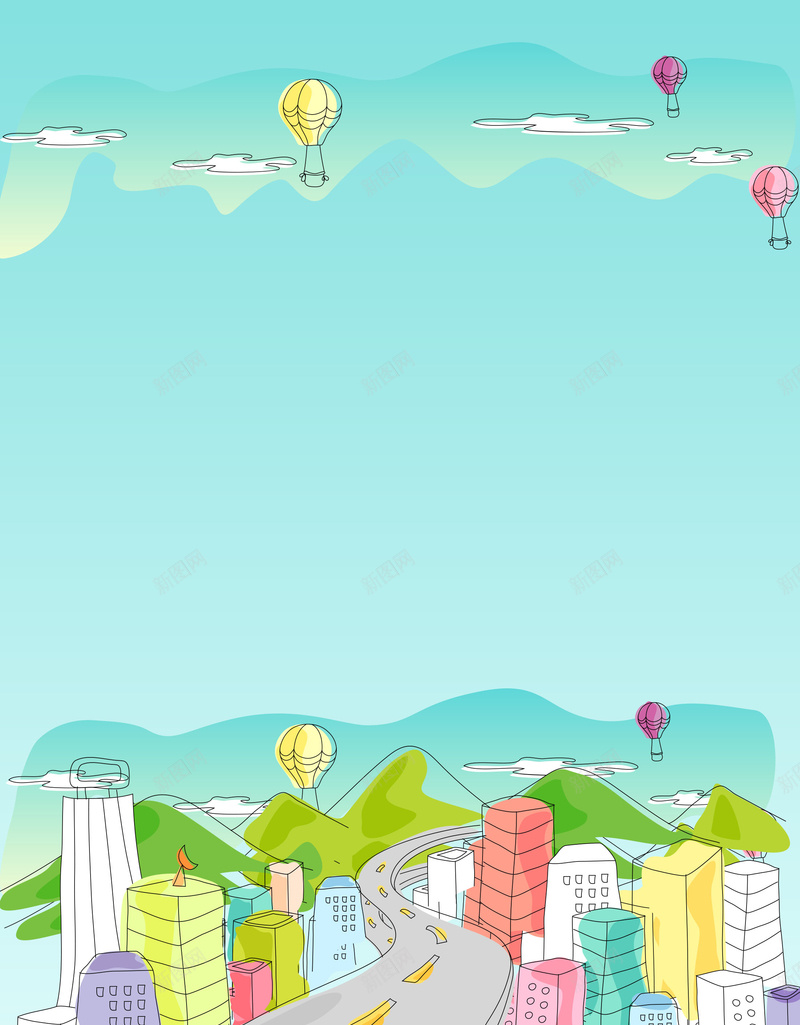 简约手绘绿色城市psd设计背景_新图网 https://ixintu.com 公路 城市 建筑 手绘 简约 山脉 气球 平面设计 分层文件 PSD源文件 150PPI