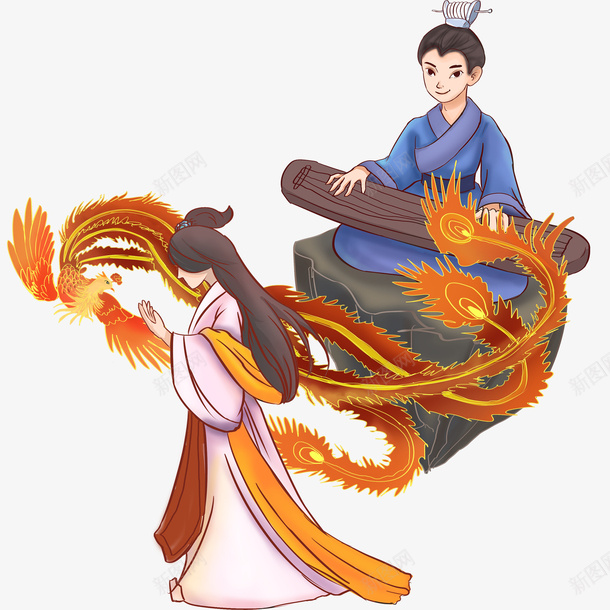 国潮中国风凤求凰psd免抠素材_新图网 https://ixintu.com 中国风 凤求凰 国潮 弹琴