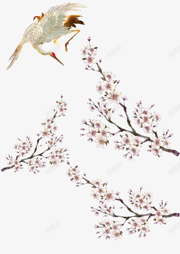 仙鹤和花带枝png免抠素材_新图网 https://ixintu.com 仙鹤 开花 花枝 飞翔