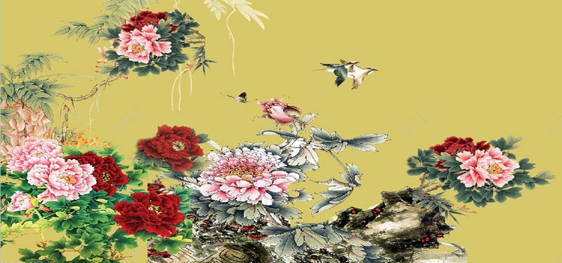牡丹花背景jpg设计背景_新图网 https://ixintu.com 国花 牡丹 绿叶 树干 鸟 国画 中国风 海报banner