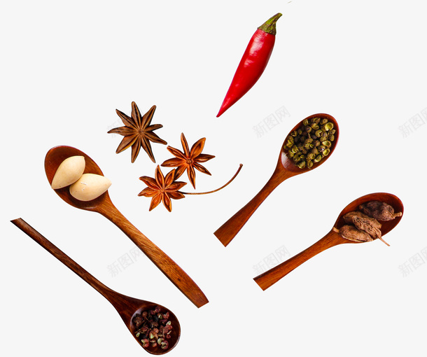 香料调料png免抠素材_新图网 https://ixintu.com 五香八角 勺子 花椒 调味料 调料 辣椒 香料