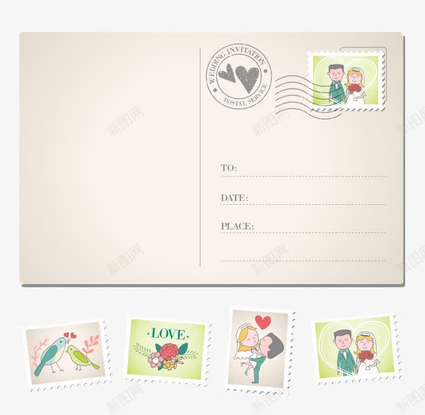 婚礼邀请明信片与邮票png_新图网 https://ixintu.com 婚礼 明信片 邀请卡 邮票设计