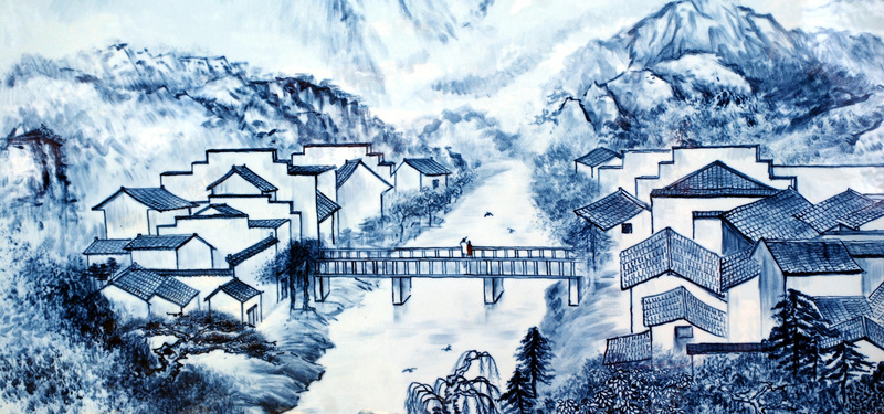中国风房屋建筑背景jpg设计背景_新图网 https://ixintu.com 中国风 房屋 建筑 古村 大山 小河 桥 背景 海报banner