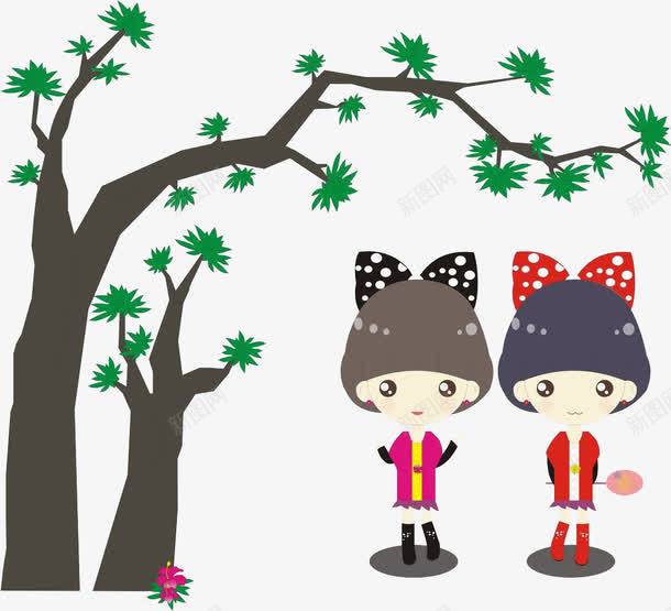 树下的两姐妹png免抠素材_新图网 https://ixintu.com 两姐妹 树下 树叶 蝴蝶结