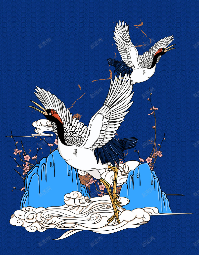 中国画仙鹤祥云绘画海报psd设计背景_新图网 https://ixintu.com 古风 国潮 国潮背景墙 海报 祥云 远山