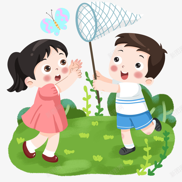 扑虫子的俩小孩png免抠素材_新图网 https://ixintu.com 俩小孩 扑虫子 蝴蝶 草地