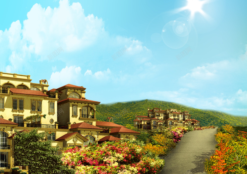 唯美蓝天别墅群地产海报背景模板psd设计背景_新图网 https://ixintu.com 别墅群 别墅背景 唯美 地产海报 地产背景 海报模板 海报背景 背景模板 蓝天 蓝天背景 连排别墅