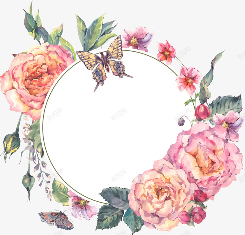 花朵蝴蝶枝叶美丽花环png免抠素材_新图网 https://ixintu.com 漂亮的 桌面背景花卉边框 花朵圆环 花环背景 花蝴蝶 枝叶花朵 花束 花礼 金黄 花