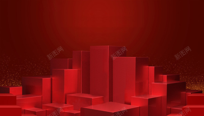 大红色立体方块质感精致承载物背景