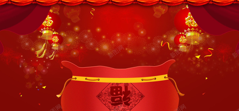 年货节新年春节抢年货红色喜庆中国风红包灯笼烟花天猫背景