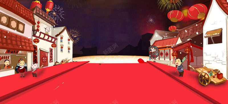 红色中国风喜庆海报传统建筑街道灯笼烟花人春节节日过背景