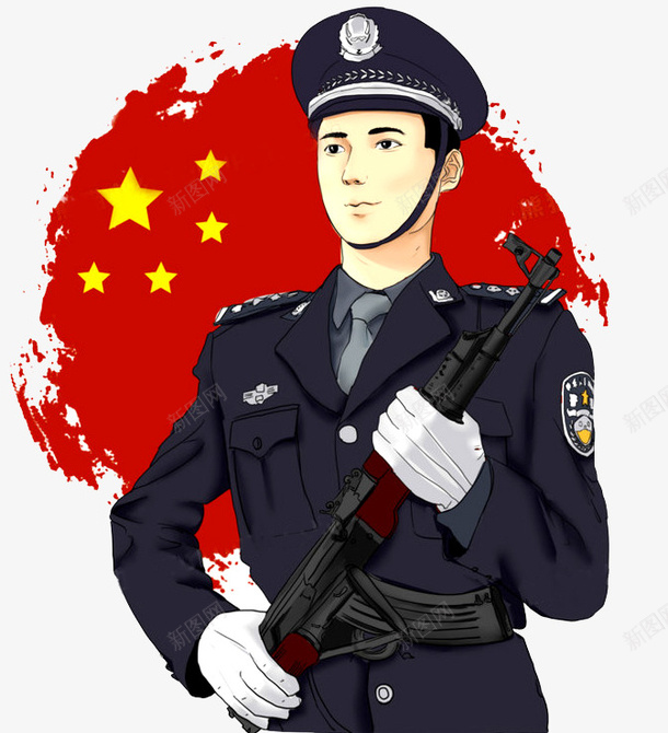 国旗下警察执枪站岗手绘png免抠素材_新图网 https://ixintu.com 公安 警察 站岗 PS处理