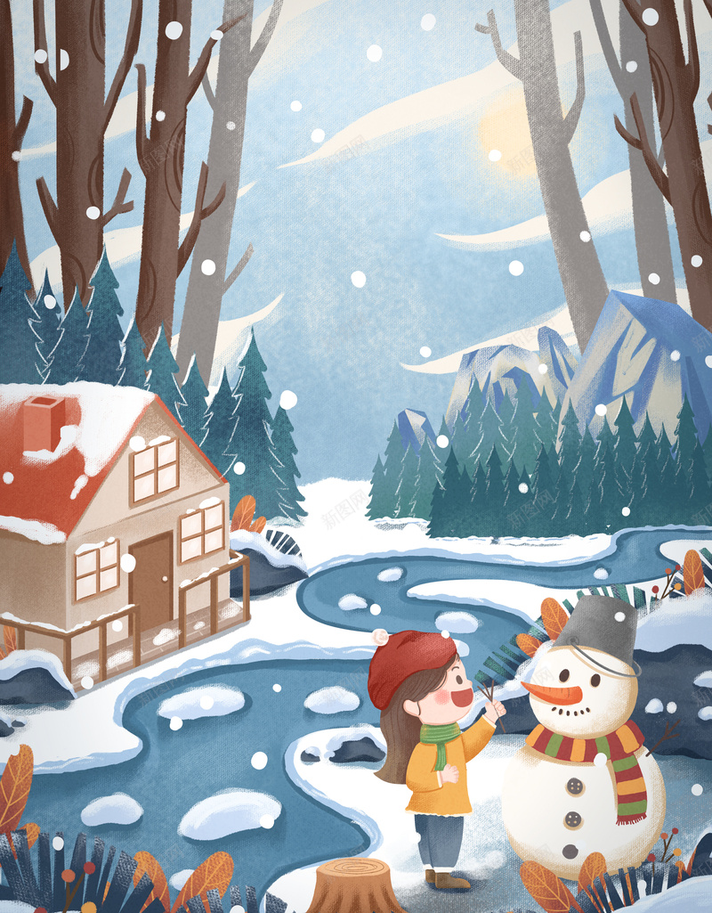 手绘冬天堆雪人树林背景图psd设计背景_新图网 https://ixintu.com 手绘 背景图 冬天 房子 人物 堆雪人 树林