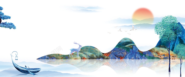 山水插画小鹿水psd免抠素材_新图网 https://ixintu.com 山水插画 小鹿 水 梦幻水