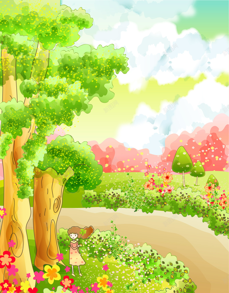 童话森林故事儿童彩绘本矢量11jpg高清背景_新图网 https://ixintu.com 手绘插画 卡通元素 森林 花朵
