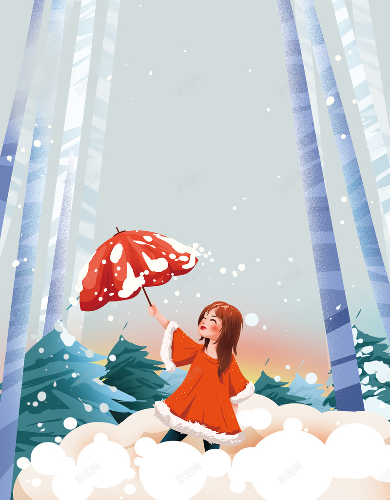 手绘国潮小女孩下雪元素图psd高清背景_新图网 https://ixintu.com 手绘 背景图 小女孩 卡通人物 树枝装饰 雪花