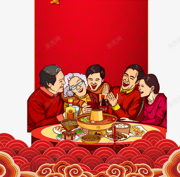 春节年夜饭梅花手绘人物祥云psd_新图网 https://ixintu.com 年夜饭 手绘人物 挥春 春节 梅花 祥云