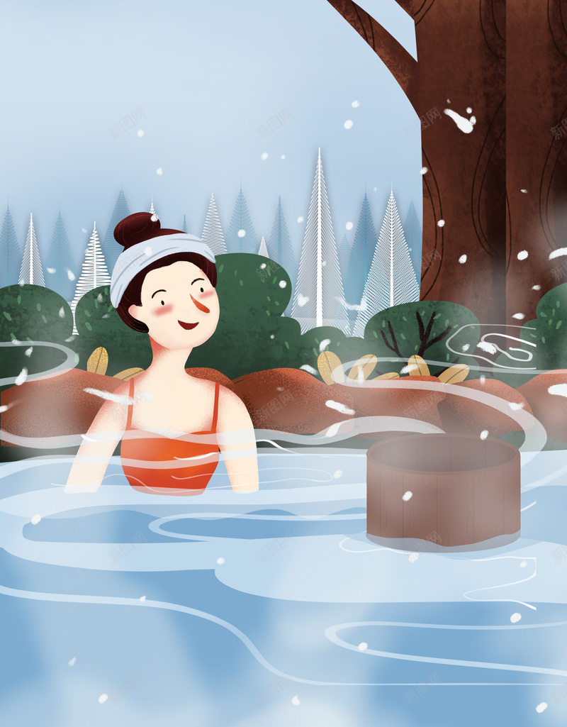 手绘卡通人物泡温泉背景图psd设计背景_新图网 https://ixintu.com 卡通人物 卡通人物配图 手绘 植物装饰 泡汤 泡温泉 背景图