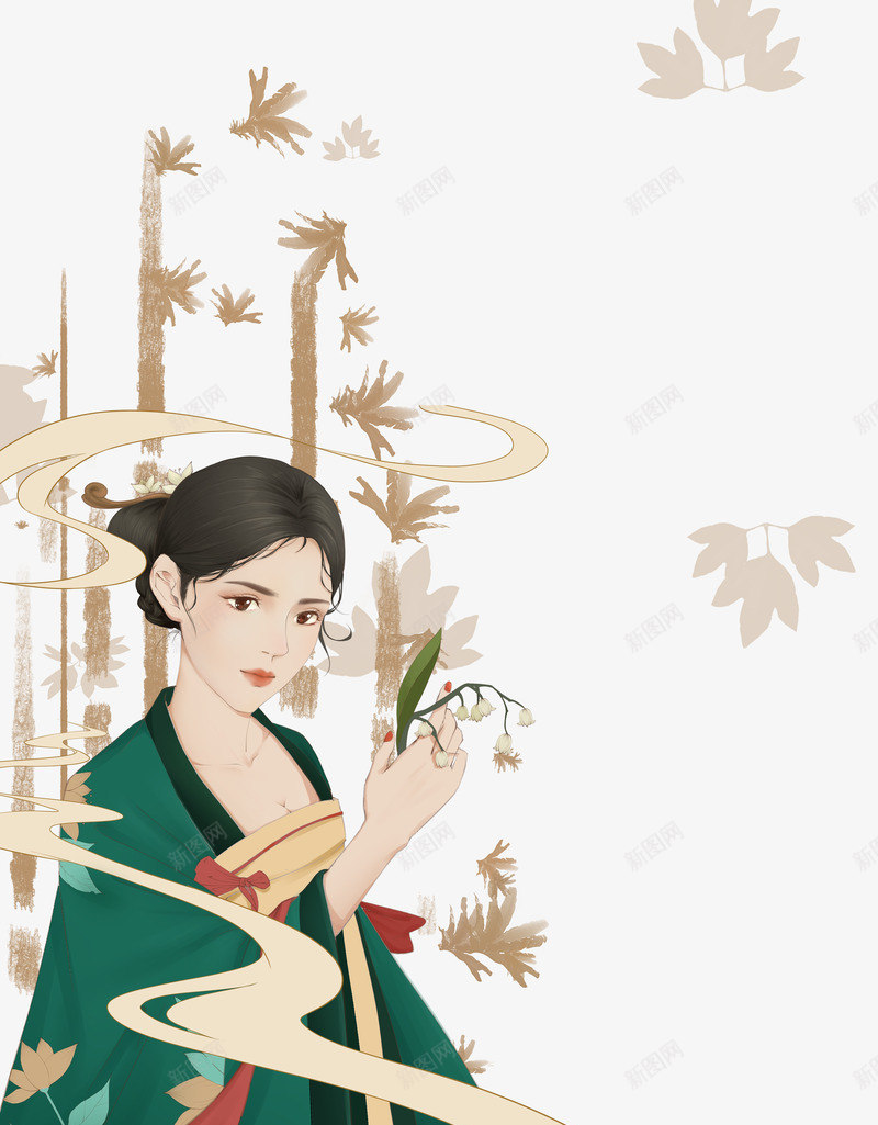 手绘国潮人物竹枝png免抠素材_新图网 https://ixintu.com 手绘 国潮 人物 竹枝