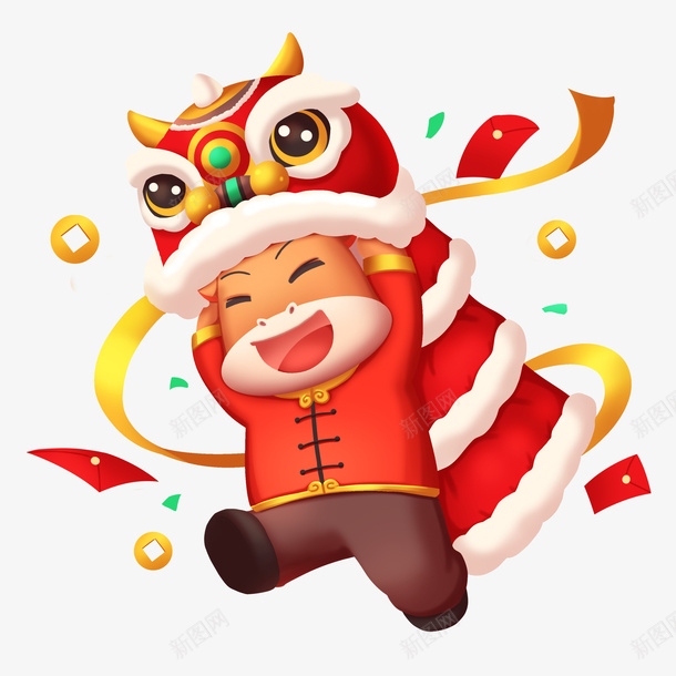 牛年舞狮子插画牛卡通形象元素png免抠素材_新图网 https://ixintu.com 2021 PNG素材 小孩子舞狮 彩绘舞狮 新春 牛年