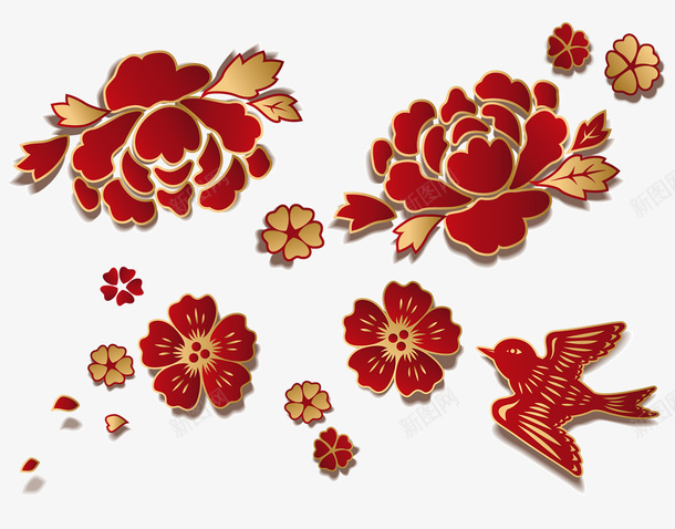 牡丹花新年传统年画png免抠素材_新图网 https://ixintu.com 新年传统 年画 牡丹花 喜庆 红色 金色