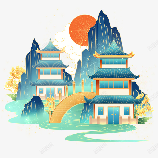 古风手绘建筑png免抠素材_新图网 https://ixintu.com 古建筑 古建筑手绘图 古风 山岳 建筑 彼岸花 手绘 清新