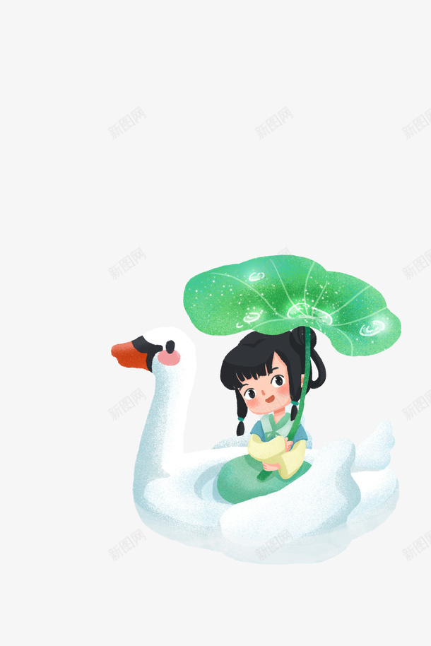 骑天鹅的小女孩png免抠素材_新图网 https://ixintu.com 天鹅 女孩 春天 手绘