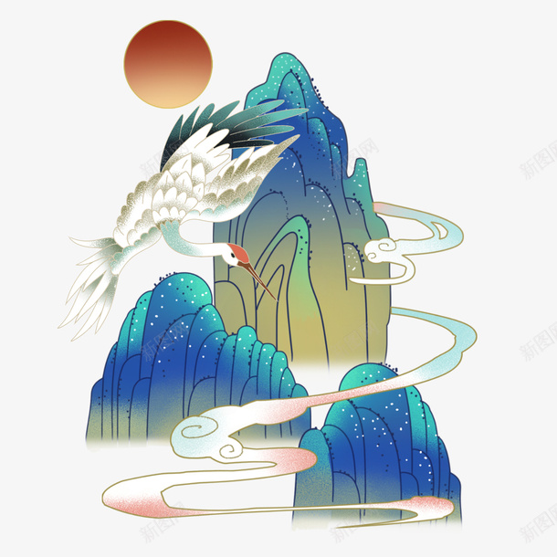 国朝仙鹤飞过青山png免抠素材_新图网 https://ixintu.com 国朝 仙鹤 中国风 青山