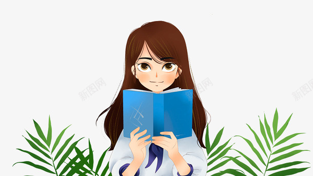 看书的女孩儿png免抠素材_新图网 https://ixintu.com 人物 树叶 书 边线