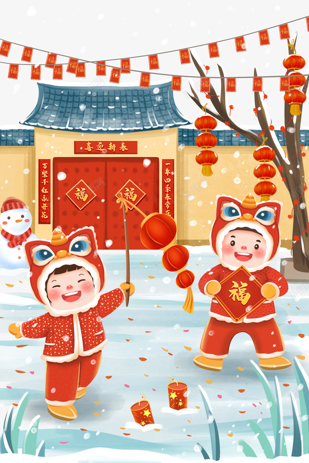 春节手绘人物灯笼雪人爆竹psd免抠素材_新图网 https://ixintu.com 手绘人物 春节 灯笼 爆竹 雪人