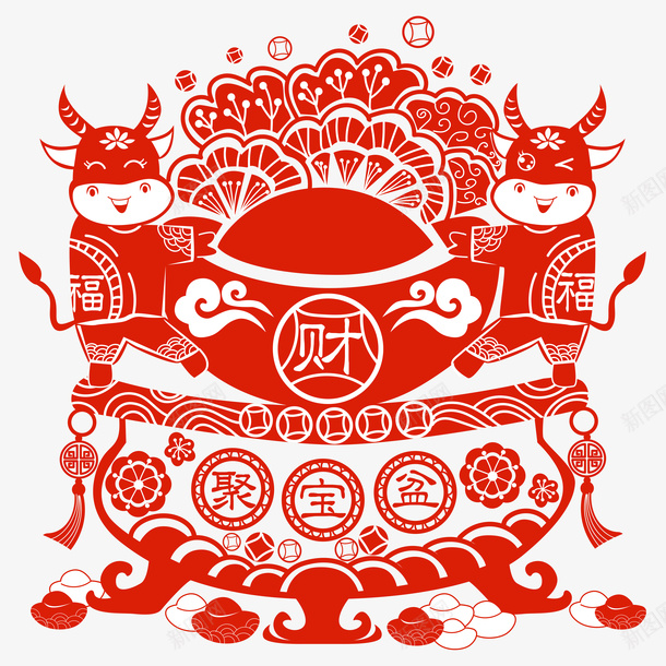 牛年聚宝盆财宝剪纸矢量元素png免抠素材_新图网 https://ixintu.com 牛年 聚宝盆 财宝剪纸 矢量元素