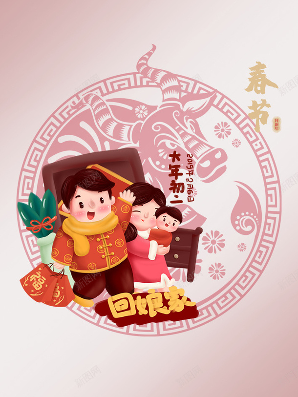 春节大年艺术字psd免抠素材_新图网 https://ixintu.com 剪纸窗花 卡通人物 春节 牛年 艺术字