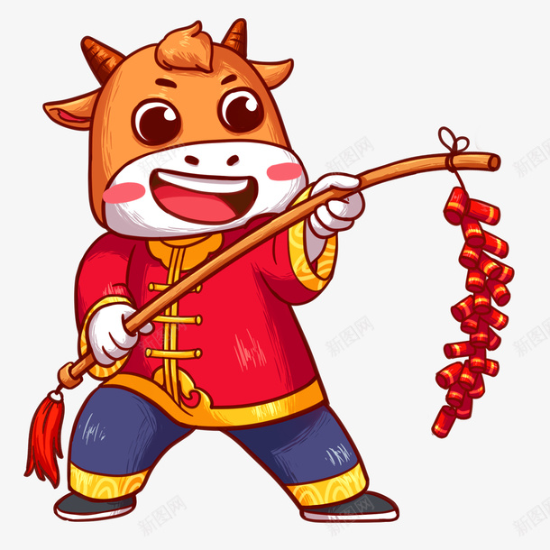 放鞭炮的卡通牛png免抠素材_新图网 https://ixintu.com 牛年 2021 PNG素材 新春 插画手绘 卡通牛