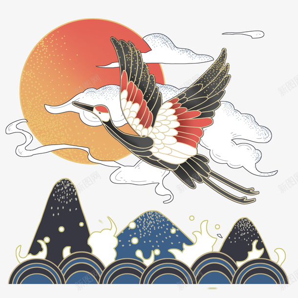 国朝仙鹤高飞红日png免抠素材_新图网 https://ixintu.com 国朝 仙鹤 中国风 海浪