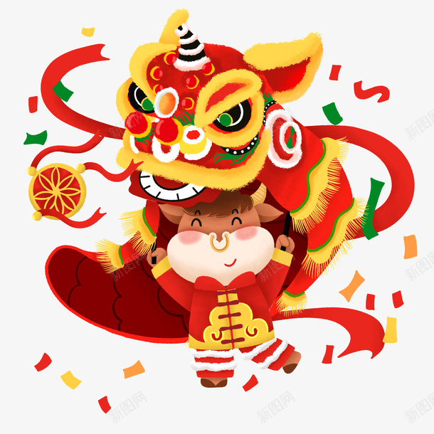 牛年舞狮子插画牛卡通形象png免抠素材_新图网 https://ixintu.com 2021 PNG素材 彩绘舞狮 新春 牛年