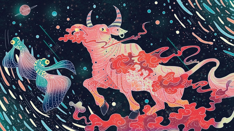 2021牛年年年有鱼卡通主题插画psd高清背景_新图网 https://ixintu.com 牛 卡通 插画 年年有鱼 新年